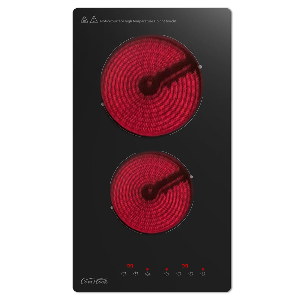 COVERCOOK Ceramic Hob 30cm, Plug in 2 Zones Electric Hob, Domino Cooktop for All Pots, Black Glass Smooth Worktop, Touch Control, Timer, 2900W