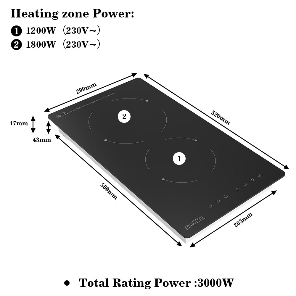COVERCOOK Ceramic Hob 30cm, Plug in 2 Zones Electric Hob, Domino Cooktop for All Pots, Black Glass Smooth Worktop, Touch Control, Timer, 2900W