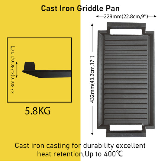 COVERCOOK Cast Iron Griddle Grill Pan, Rectangular Grill, 2 Handles, 43 x 23 cm Griddle Pan for Induction Hob Open Fire Oven Electric Cooktop Outdoor Grills,Ridged Surface