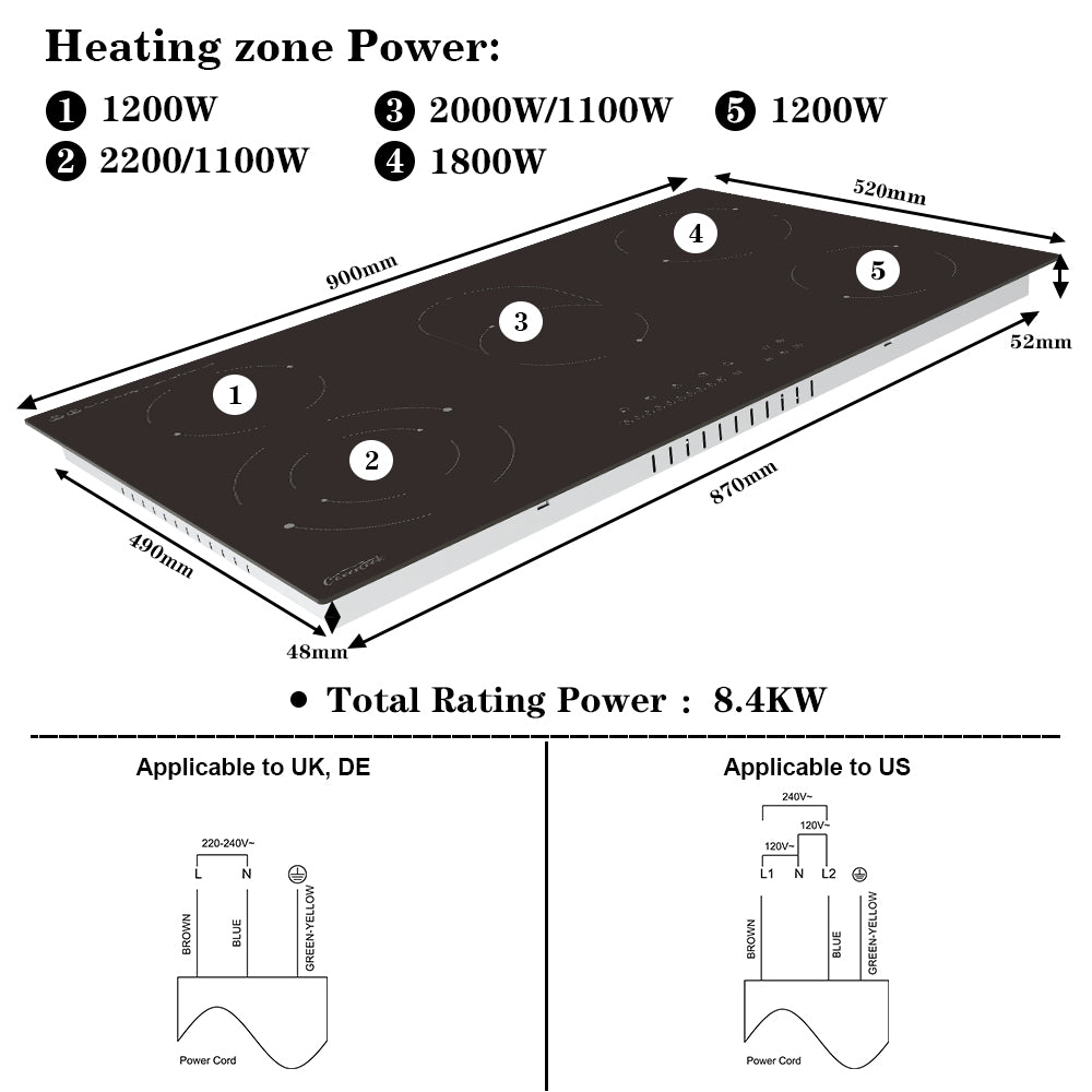 COVERCOOK 90cm Ceramic Hob, 5 Zones Built-in Electric Cooktop with Dual Oval Zone, 8400W