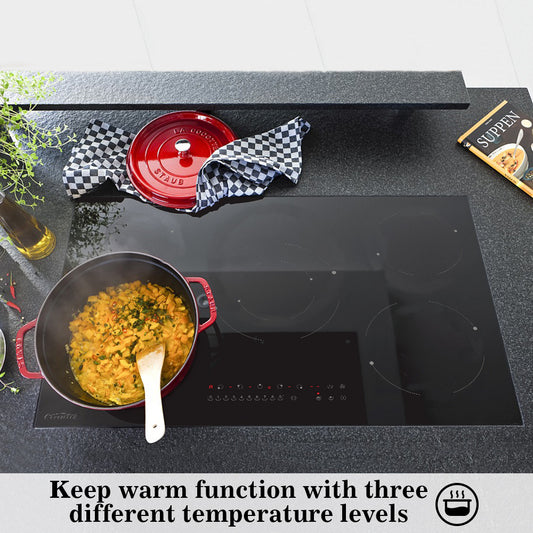 COVERCOOK 77cm Ceramic Hob, Built-in Black Glass 5 Burners Electric Hob, Touch Control,Timer and Child Lock, 230V, 8200W