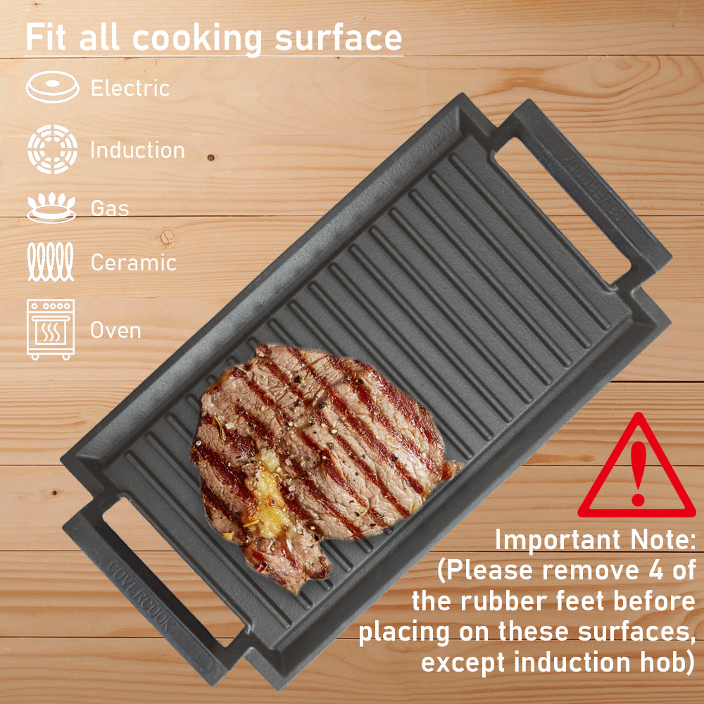 COVERCOOK Cast Iron Griddle Grill Pan, Rectangular Grill, 2 Handles, 43 x 23 cm Griddle Pan for Induction Hob Open Fire Oven Electric Cooktop Outdoor Grills,Ridged Surface