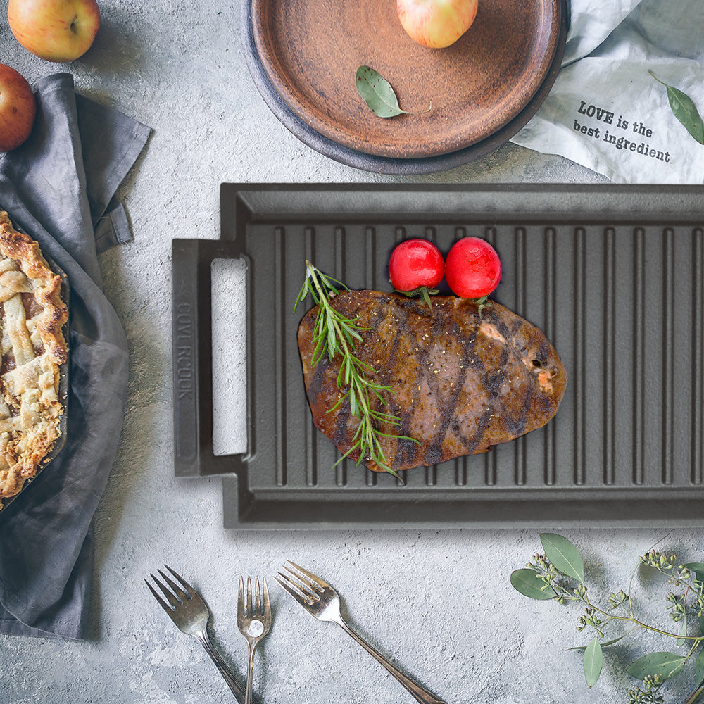 COVERCOOK Cast Iron Griddle Grill Pan, Rectangular Grill, 2 Handles, 43 x 23 cm Griddle Pan for Induction Hob Open Fire Oven Electric Cooktop Outdoor Grills,Ridged Surface