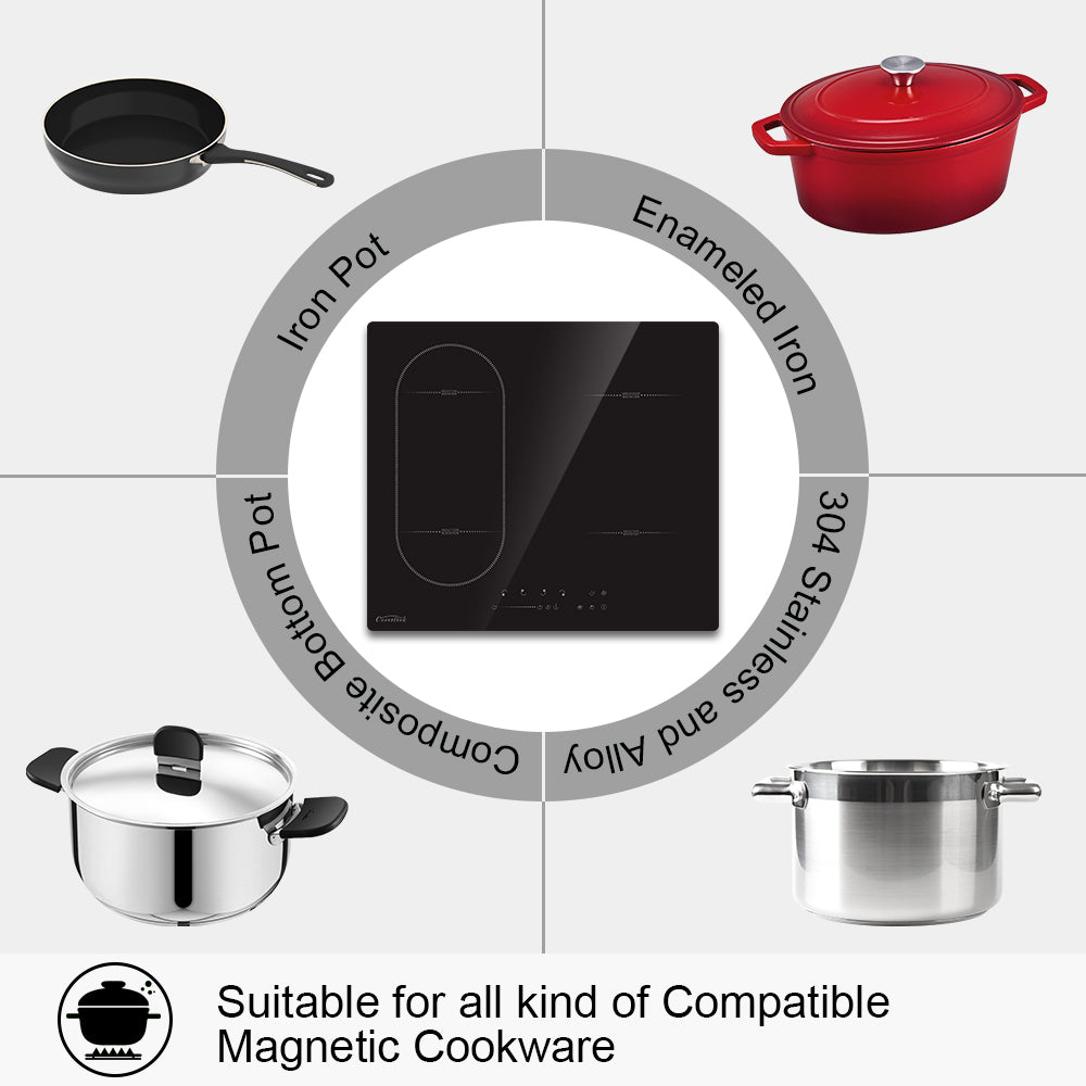COVERCOOK 4 Zone Induction Hob, Electric Cooker 59cm, 7000W Built-in Cooktop with Bridge Zone, Touch Control, 9 Power Levels, Child Safety Lock, 220-240V