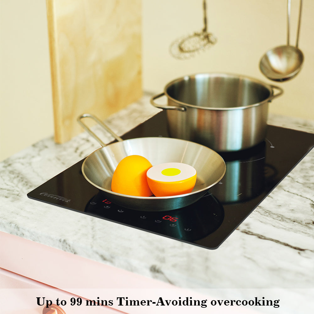 COVERCOOK Ceramic Hob 30cm, Plug in 2 Zones Electric Hob, Domino Cooktop for All Pots, Black Glass Smooth Worktop, Touch Control, Timer, 2900W
