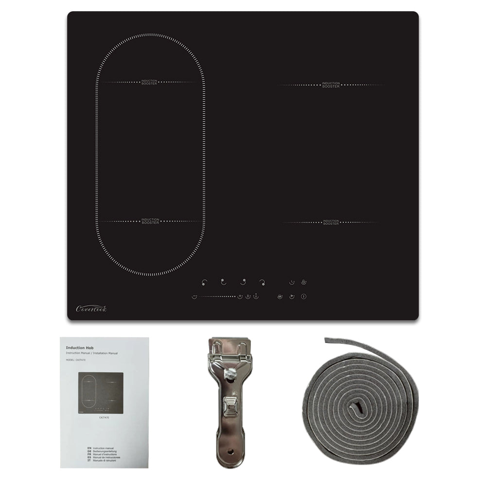 COVERCOOK 4 Zone Induction Hob, Electric Cooker 59cm, 7000W Built-in Cooktop with Bridge Zone, Touch Control, 9 Power Levels, Child Safety Lock, 220-240V