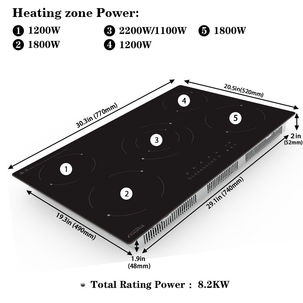 COVERCOOK 77cm Ceramic Hob, Built-in Black Glass 5 Burners Electric Hob, Touch Control,Timer and Child Lock, 230V, 8200W