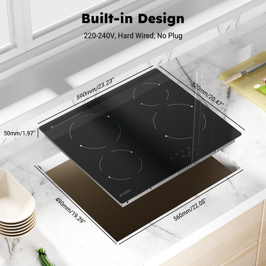 COVERCOOK Electric Ceramic Hobs,60cm Built-in Cooktop, Black Glass, 6000W