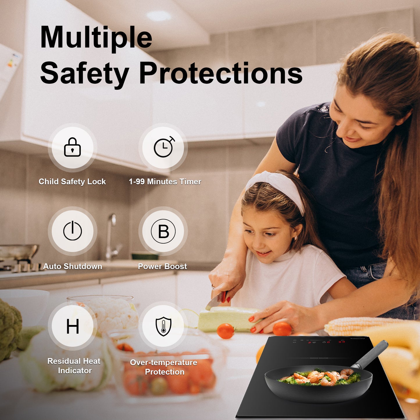 COVERCOOK Built-in Induction Hob 30cm, 2 Zone Electric Hob, Domino Cooktop, Double Induction Cooker with 9 Power Levels, 3500W, Slider Touch Control, Timer, Child Lock, Power Boost, Black