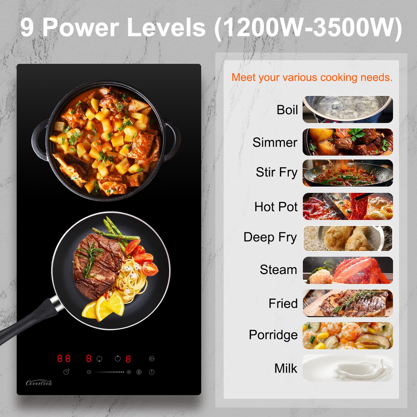 COVERCOOK Built-in Induction Hob 30cm, 2 Zone Electric Hob, Domino Cooktop, Double Induction Cooker with 9 Power Levels, 3500W, Slider Touch Control, Timer, Child Lock, Power Boost, Black