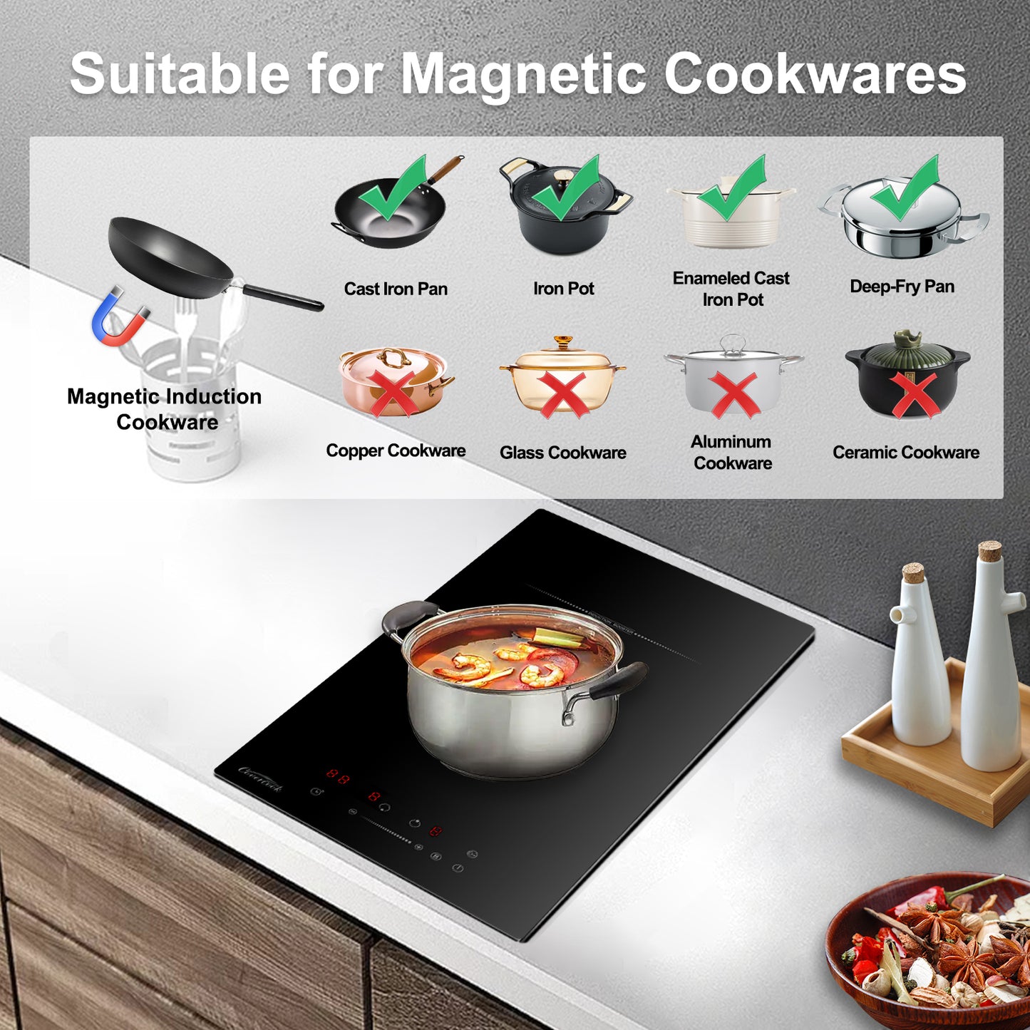 COVERCOOK Built-in Induction Hob 30cm, 2 Zone Electric Hob, Domino Cooktop, Double Induction Cooker with 9 Power Levels, 3500W, Slider Touch Control, Timer, Child Lock, Power Boost, Black