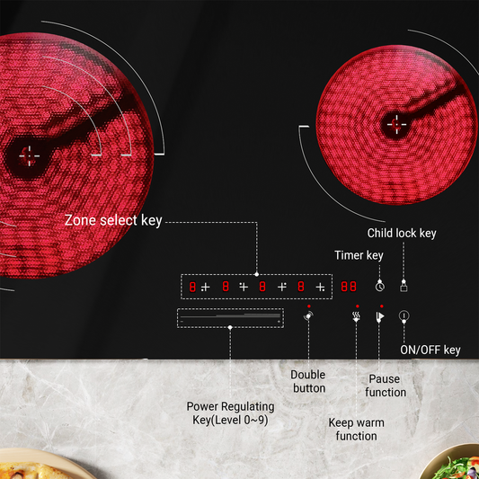 COVERCOOK Ceramic Hob, Built-in 4 Zone Electric Hob 60cm, Ceramic Cooktop with Touch Control, 6700W, Dual Oval Zone, Triple/Dual Ring Function, 9 Power Levels, Timer, Safety Lock, Hard Wired, No Plug