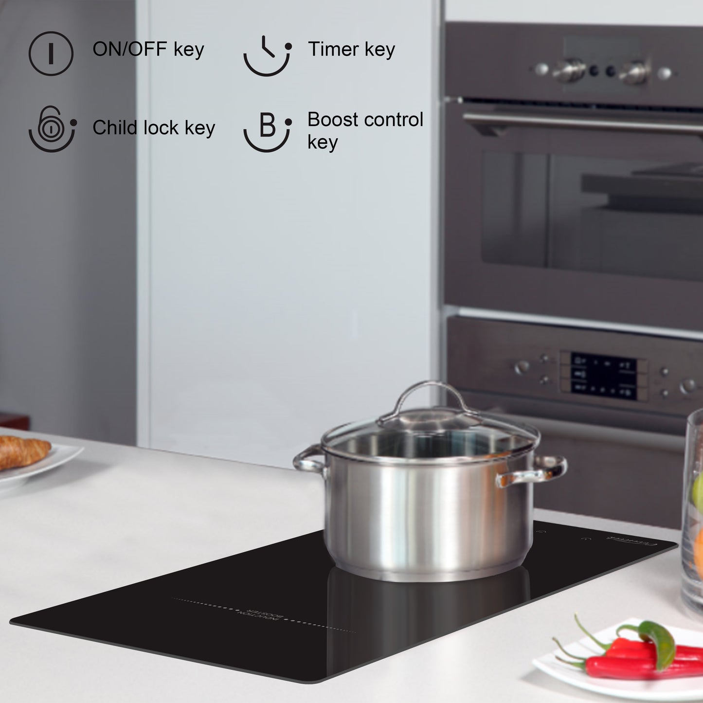 COVERCOOK Induction Hob, Plug in Electric Cooktop with 2 Zones 30cm, Power Boost, Touch Control, Safety Lock, Black, 2800W, 220V-240V