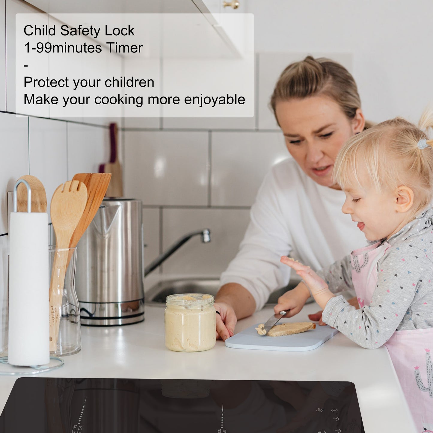 COVERCOOK Induction Hob, Plug in Electric Cooktop with 2 Zones 30cm, Power Boost, Touch Control, Safety Lock, Black, 2800W, 220V-240V