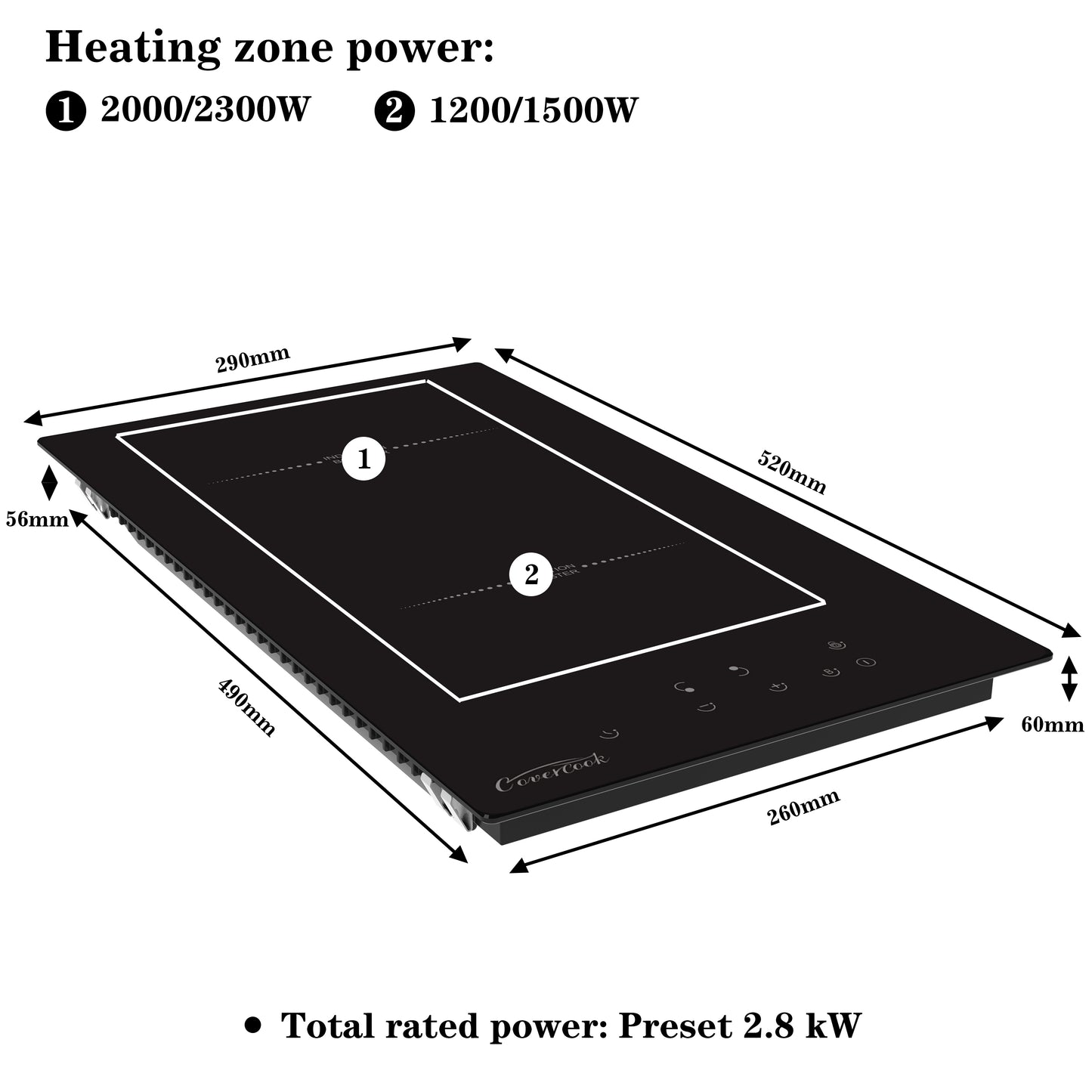 COVERCOOK Induction Hob, Plug in Electric Cooktop with 2 Zones 30cm, Power Boost, Touch Control, Safety Lock, Black, 2800W, 220V-240V