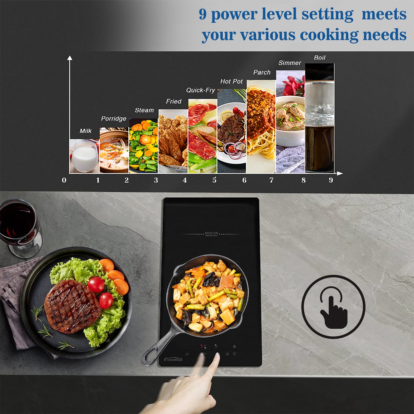 COVERCOOK Induction Hob, Plug in Electric Cooktop with 2 Zones 30cm, Power Boost, Touch Control, Safety Lock, Black, 2800W, 220V-240V