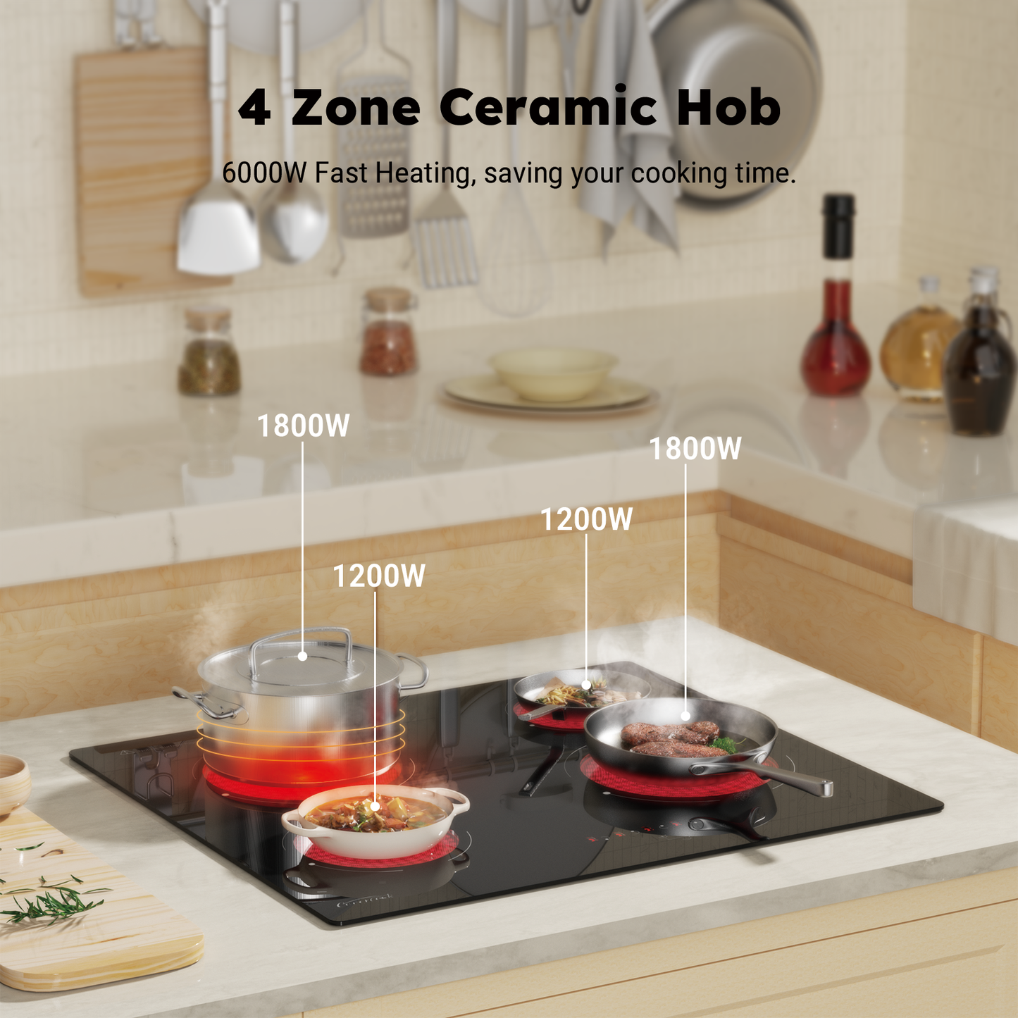 COVERCOOK Electric Ceramic Hobs,60cm Built-in Cooktop, Black Glass, 6000W