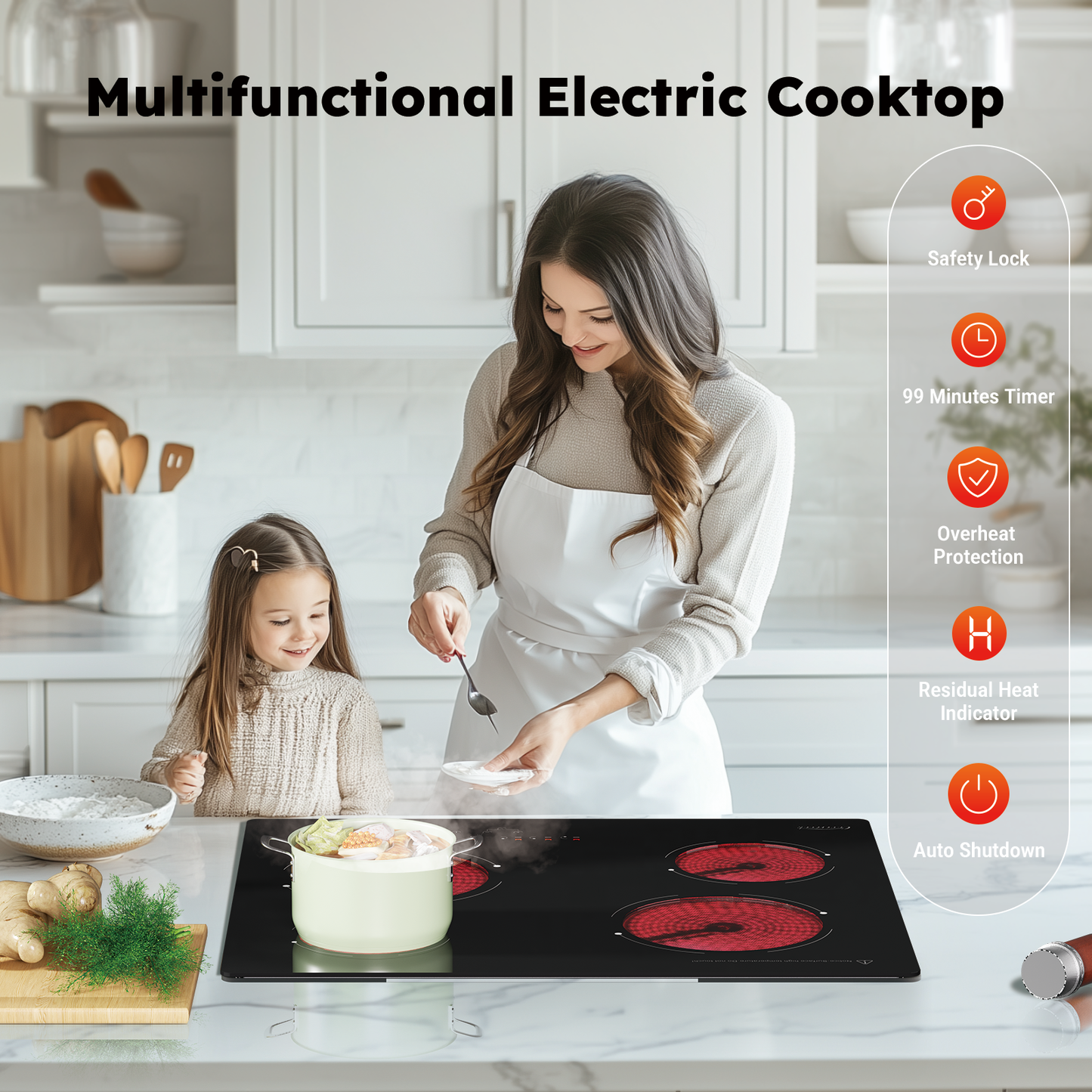 COVERCOOK Electric Ceramic Hobs,60cm Built-in Cooktop, Black Glass, 6000W