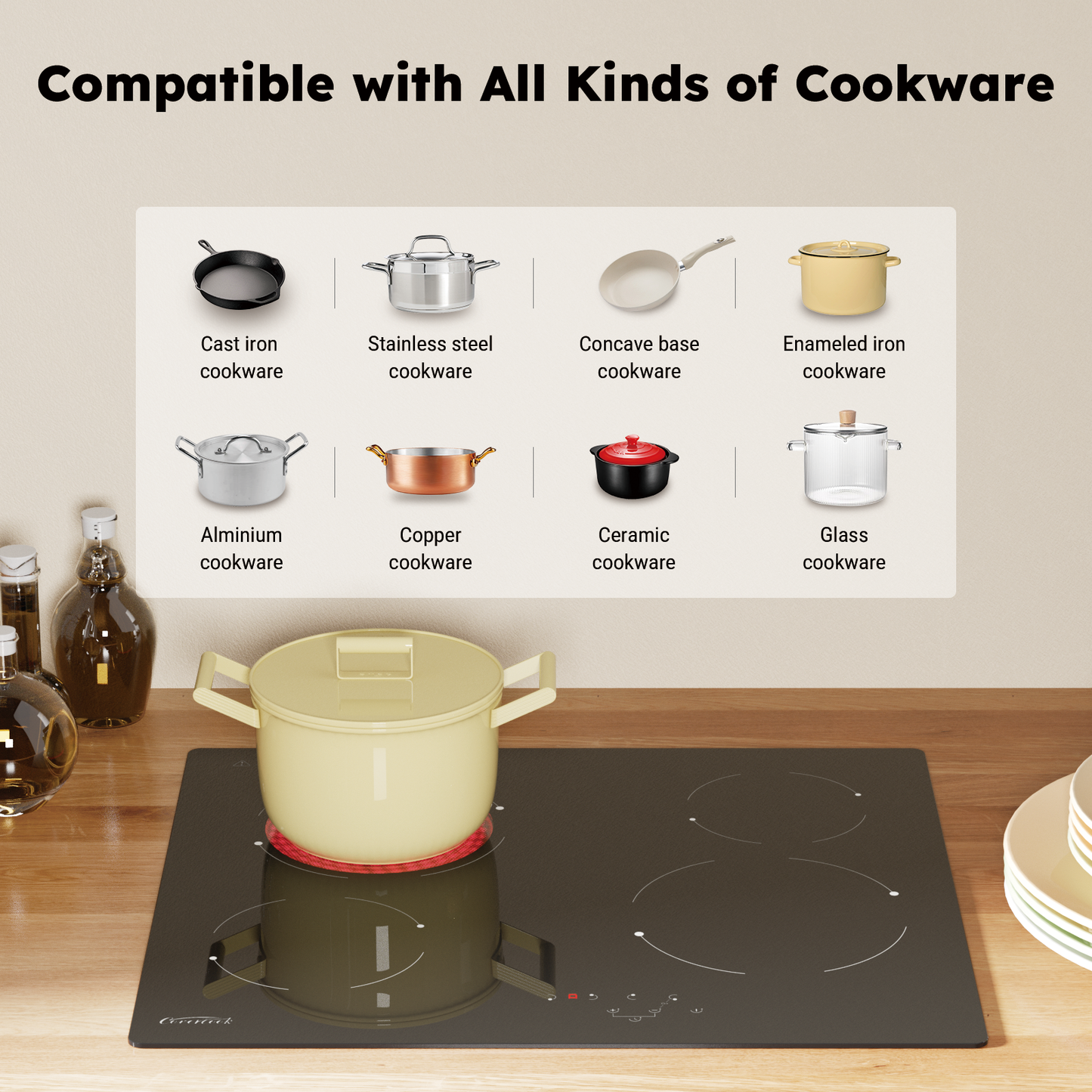 COVERCOOK Electric Ceramic Hobs,60cm Built-in Cooktop, Black Glass, 6000W