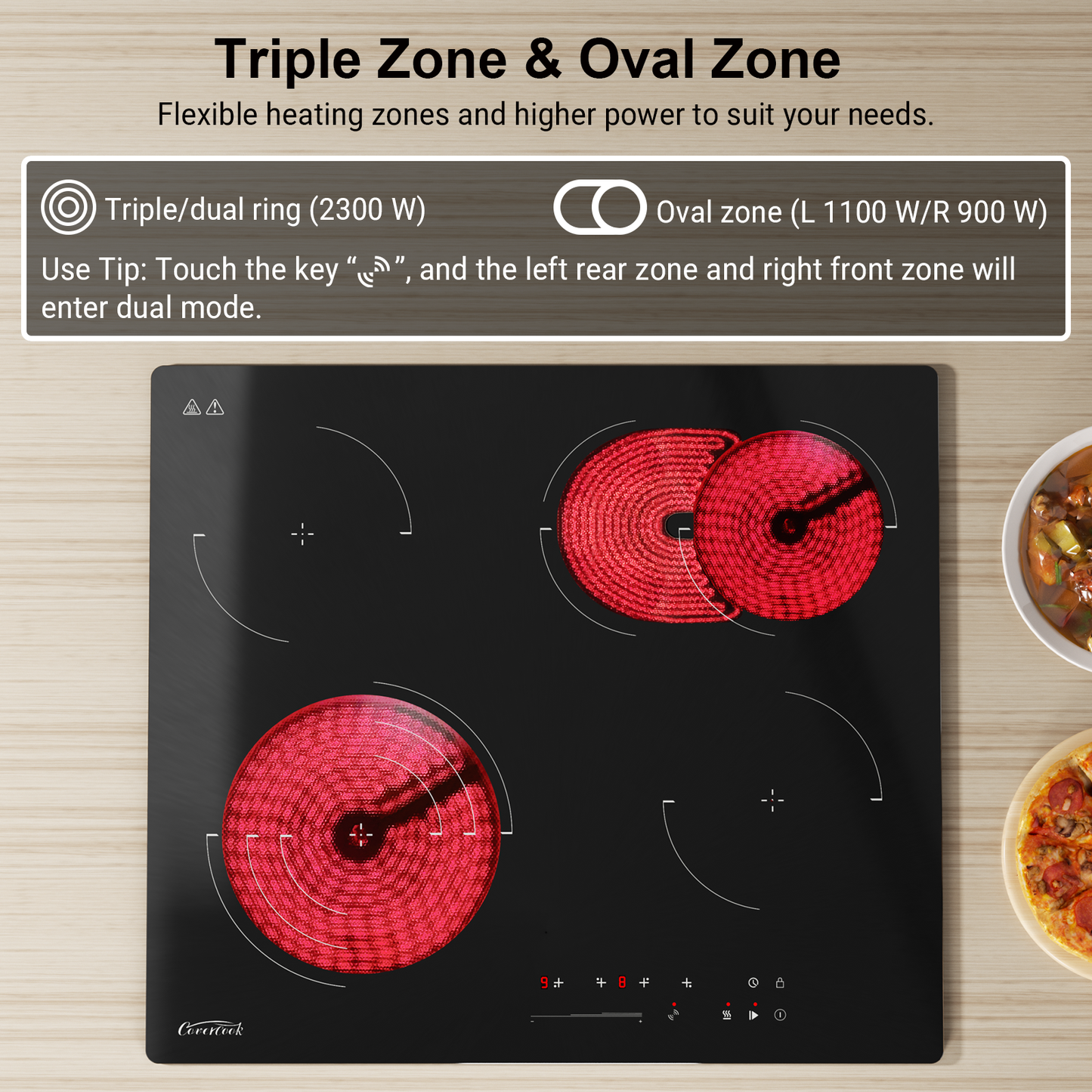 COVERCOOK Ceramic Hob, Built-in 4 Zone Electric Hob 60cm, Ceramic Cooktop with Touch Control, 6700W, Dual Oval Zone, Triple/Dual Ring Function, 9 Power Levels, Timer, Safety Lock, Hard Wired, No Plug