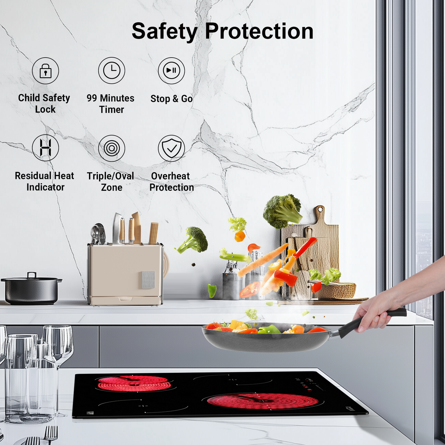 COVERCOOK Ceramic Hob, Built-in 4 Zone Electric Hob 60cm, Ceramic Cooktop with Touch Control, 6700W, Dual Oval Zone, Triple/Dual Ring Function, 9 Power Levels, Timer, Safety Lock, Hard Wired, No Plug