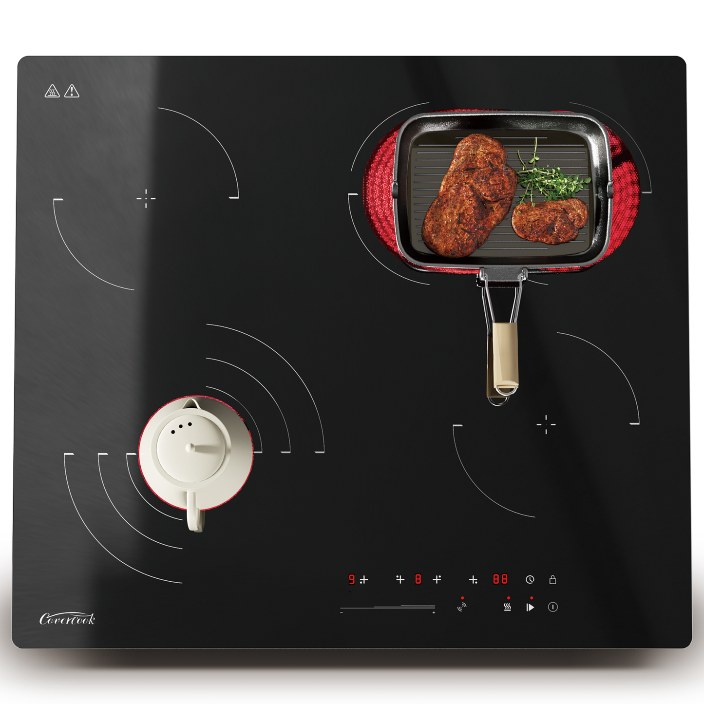 COVERCOOK Ceramic Hob, Built-in 4 Zone Electric Hob 60cm, Ceramic Cooktop with Touch Control, 6700W, Dual Oval Zone, Triple/Dual Ring Function, 9 Power Levels, Timer, Safety Lock, Hard Wired, No Plug