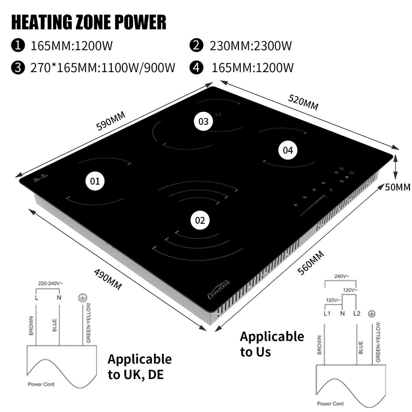 COVERCOOK Ceramic Hob, Built-in 4 Zone Electric Hob 60cm, Ceramic Cooktop with Touch Control, 6700W, Dual Oval Zone, Triple/Dual Ring Function, 9 Power Levels, Timer, Safety Lock, Hard Wired, No Plug