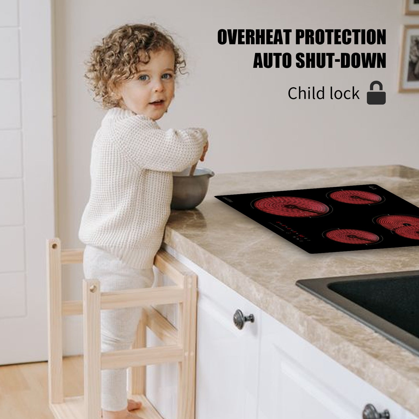 COVERCOOK Ceramic Hob, Built-in 4 Zone Electric Hob 60cm, Ceramic Cooktop with Touch Control, 6700W, Dual Oval Zone, Triple/Dual Ring Function, 9 Power Levels, Timer, Safety Lock, Hard Wired, No Plug