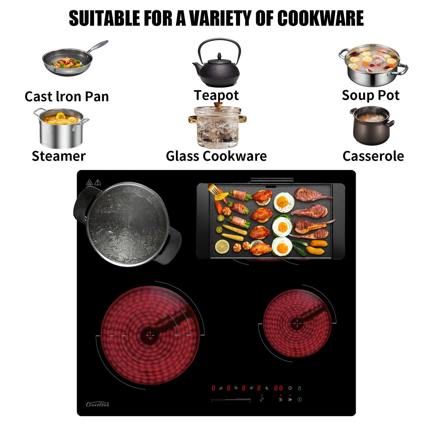 COVERCOOK Ceramic Hob, Built-in 4 Zone Electric Hob 60cm, Ceramic Cooktop with Touch Control, 6700W, Dual Oval Zone, Triple/Dual Ring Function, 9 Power Levels, Timer, Safety Lock, Hard Wired, No Plug